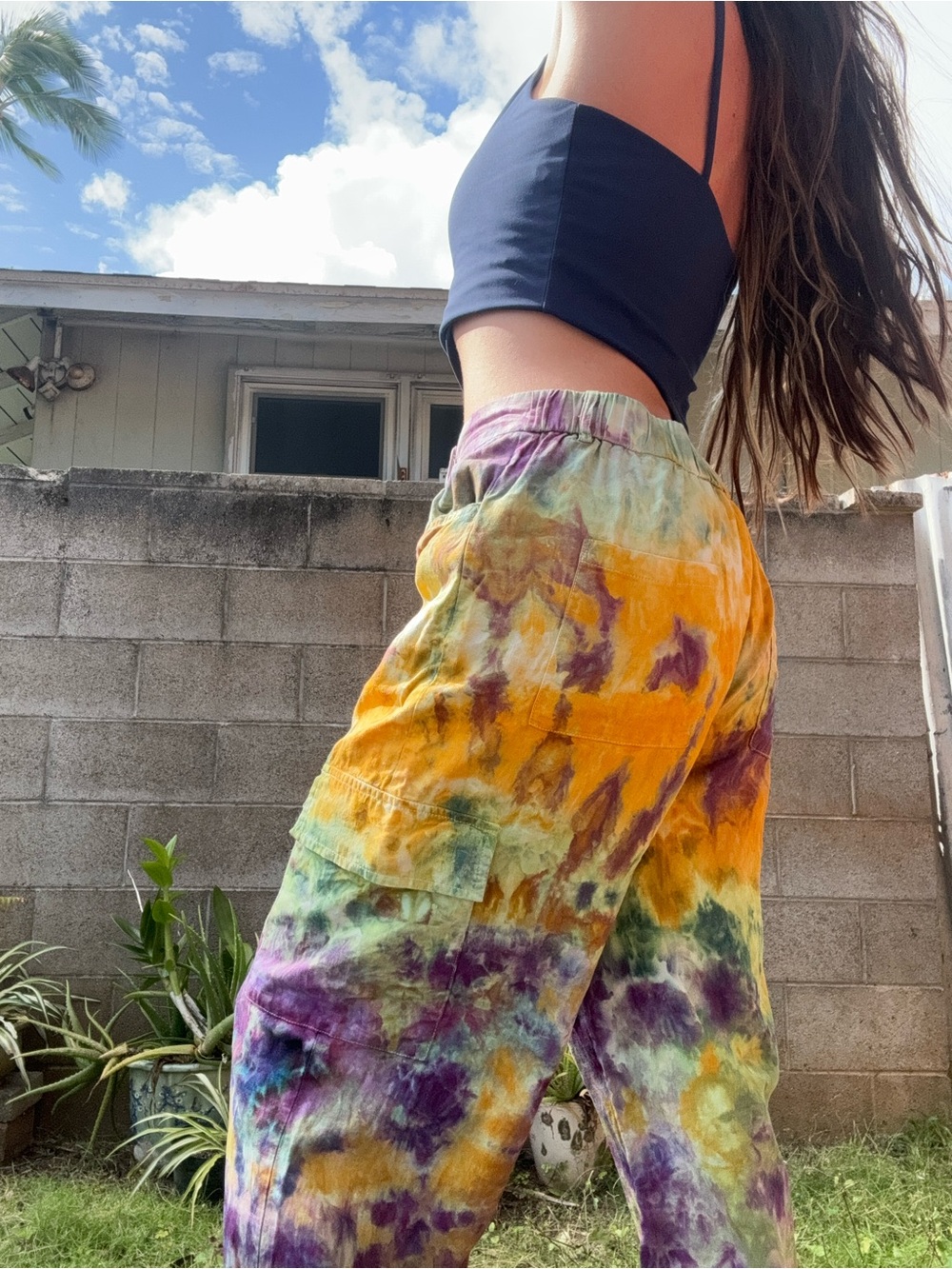 Hand Crafted Tie-Dye Wide Leg Cargo Pants in Yellow, Purple, Green
